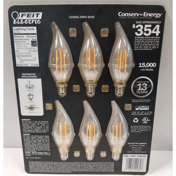 Feit Electric LED Chandelier Bulbs 40W - Pack of 6 - 3.8 Watts Soft White - Picture 2 of 2